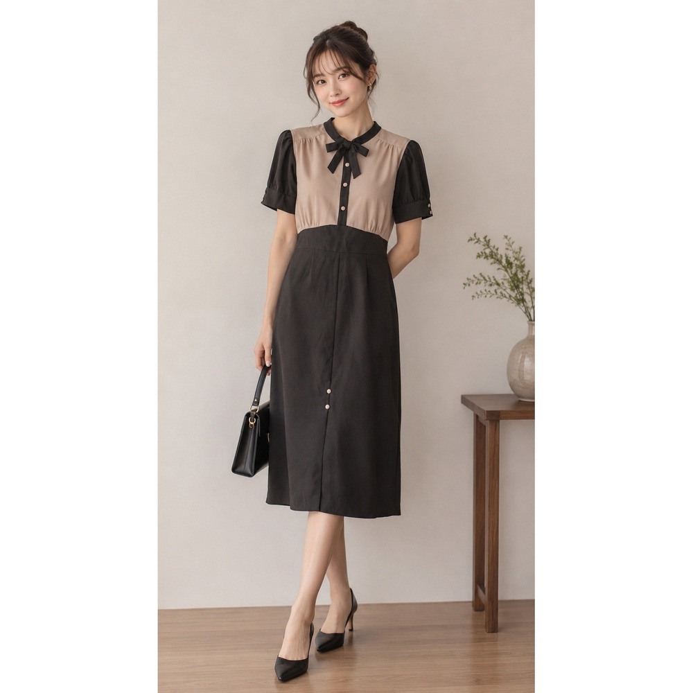 Vintage Stop Staring Alicia Estrada Black Tan Two Tone Bow Sheath Dress 14 Retro